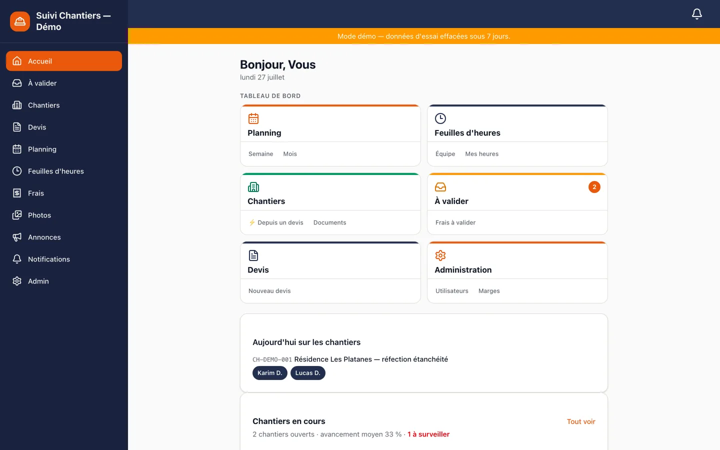 Tavro dashboard: active jobs, scheduling, timesheets and expenses to approve